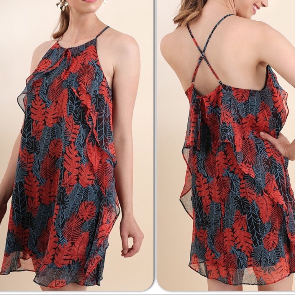 Tropical Print Red Sleeveless Mini Dress NWT